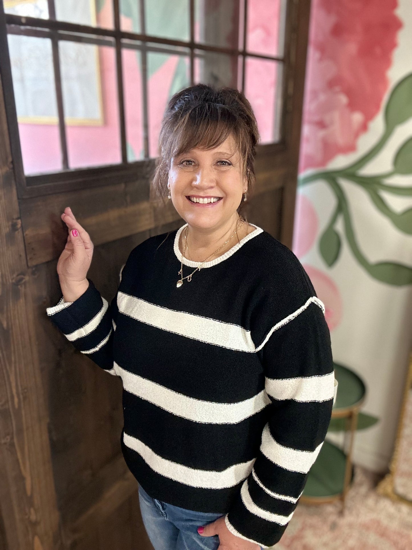 Carolyn Crew Neck Black White Striped Sweater