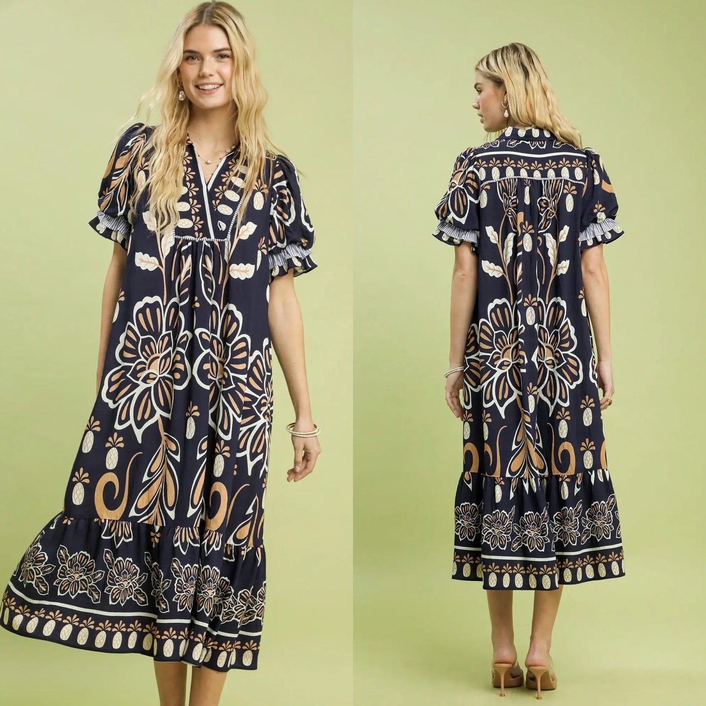 Navy Floral Print Tiered Midi Dress