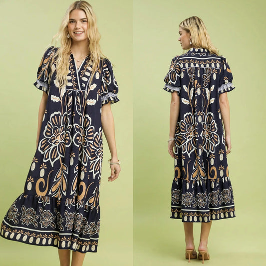Navy Floral Print Tiered Midi Dress