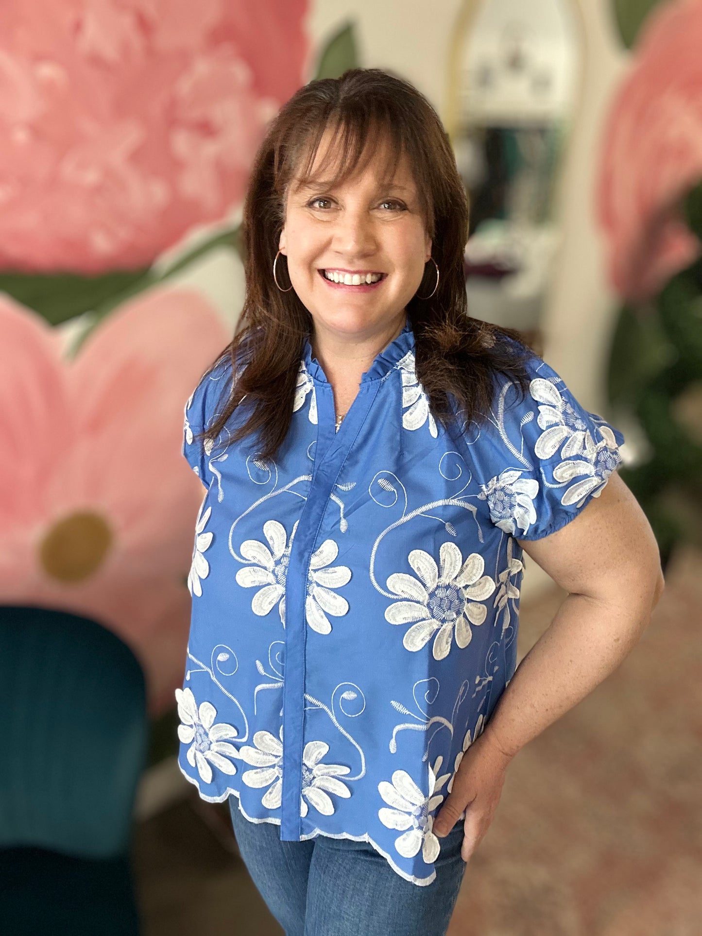 Blue Floral 3D Applique And Embroidered Blouse