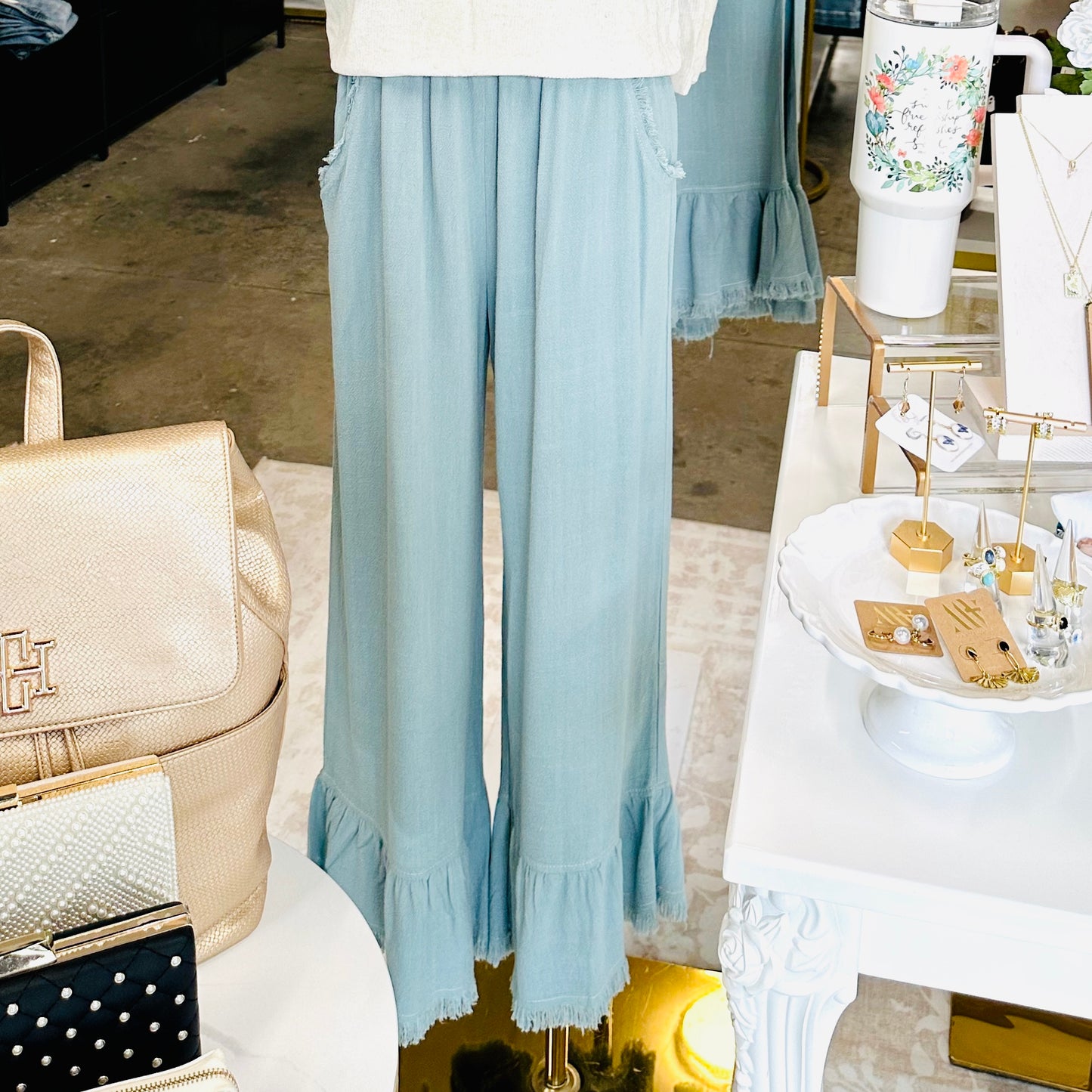 Sage Mint Linen Frayed Hem Ruffle Wide Leg Pants