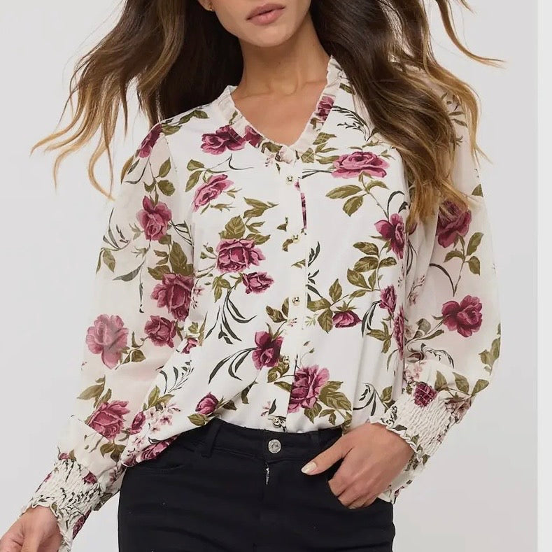 Ivory Floral Button Down Top