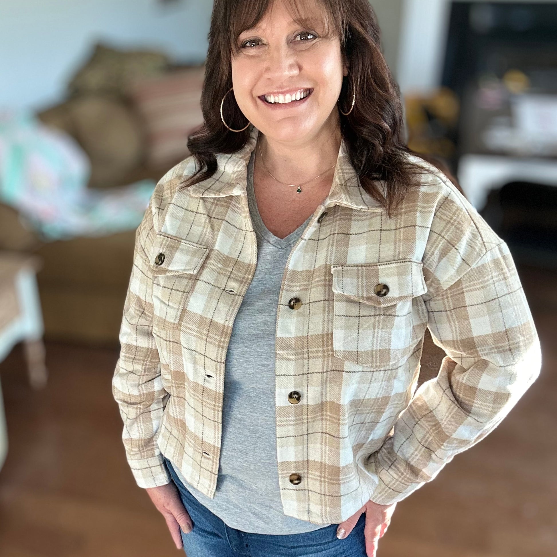 beige plaid shacket with front pockets