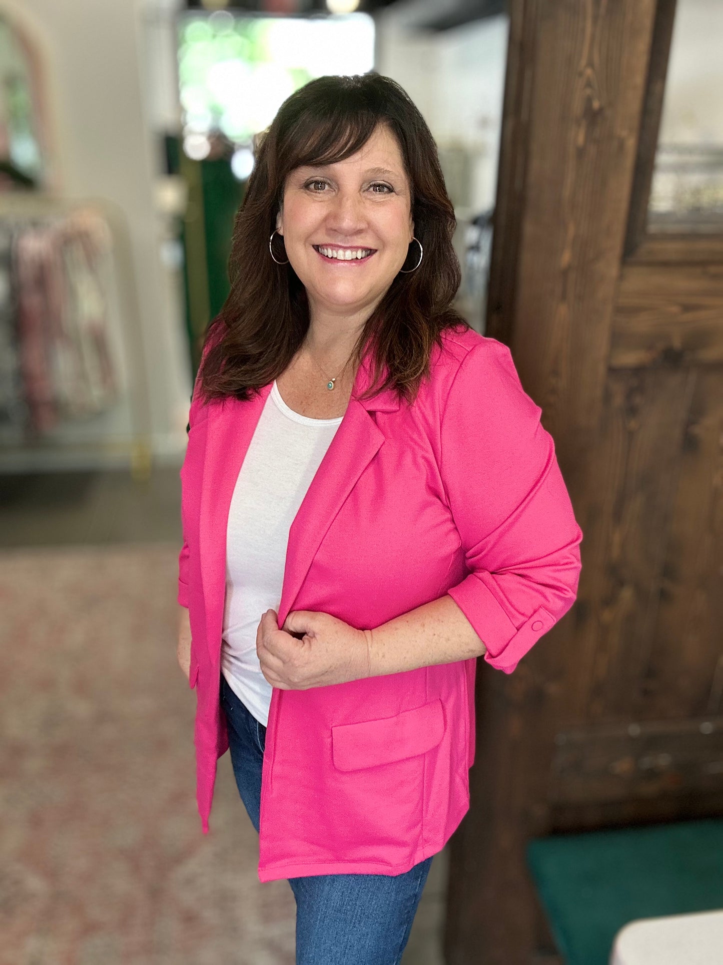 Fuchsia Ponte Roll Up Sleeve Blazer