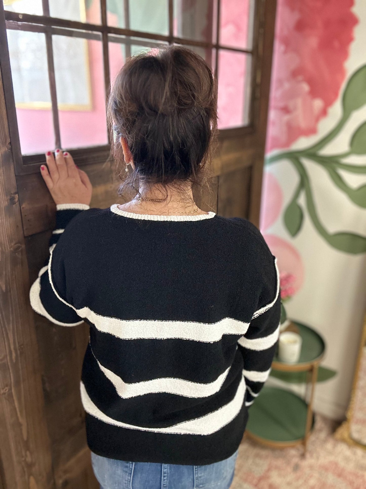 Carolyn Crew Neck Black White Striped Sweater