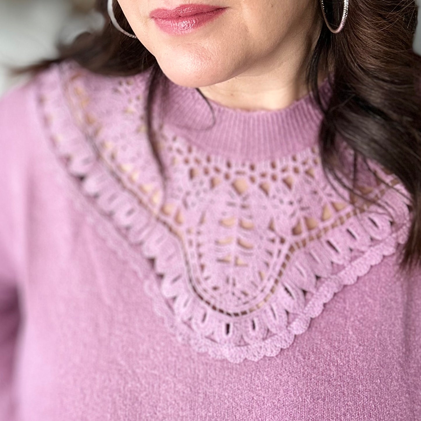 Mauve sweater with crochet lace trim detail