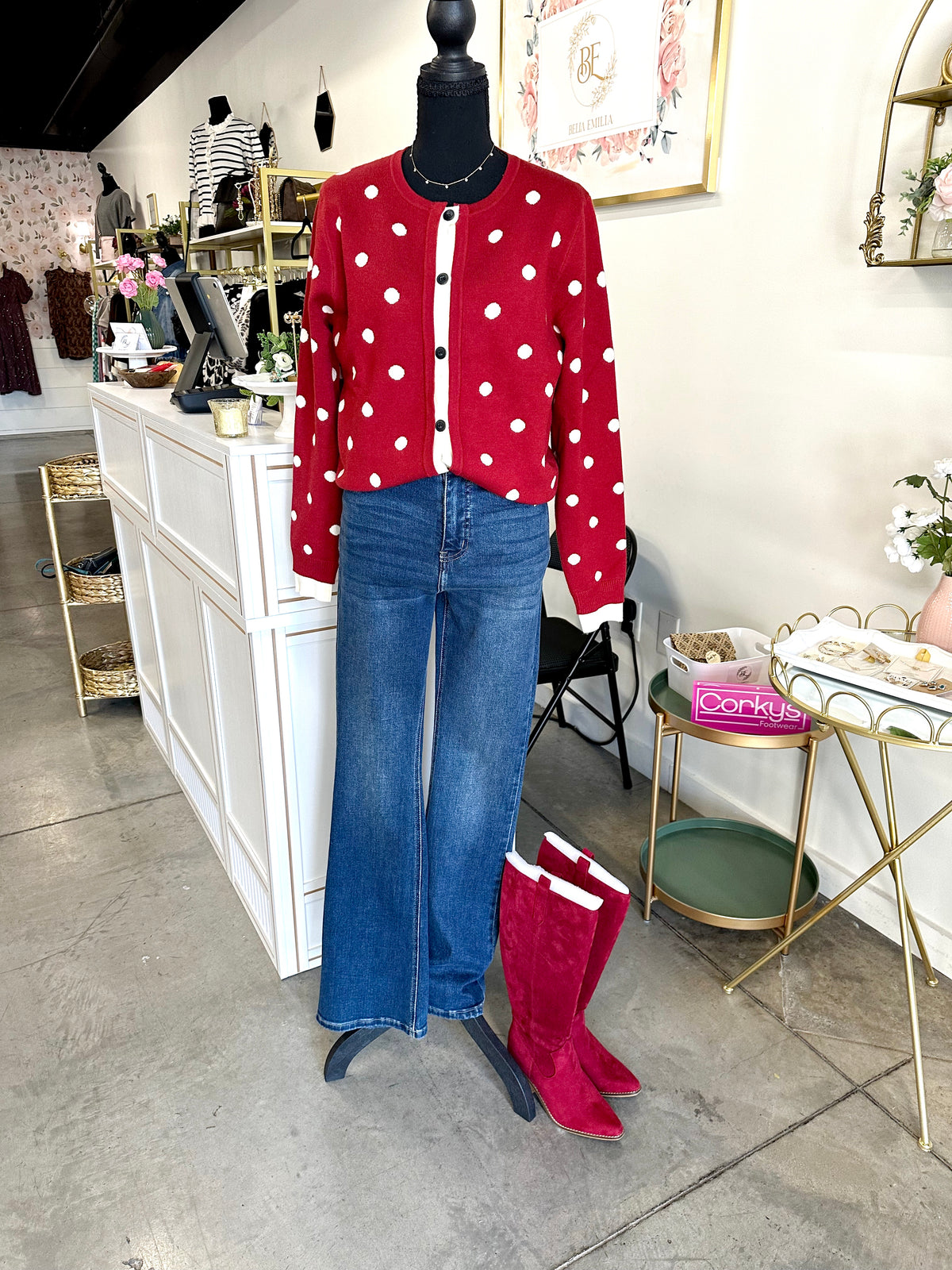 Crimson Polka-Dot Button Down Knit Cardigan