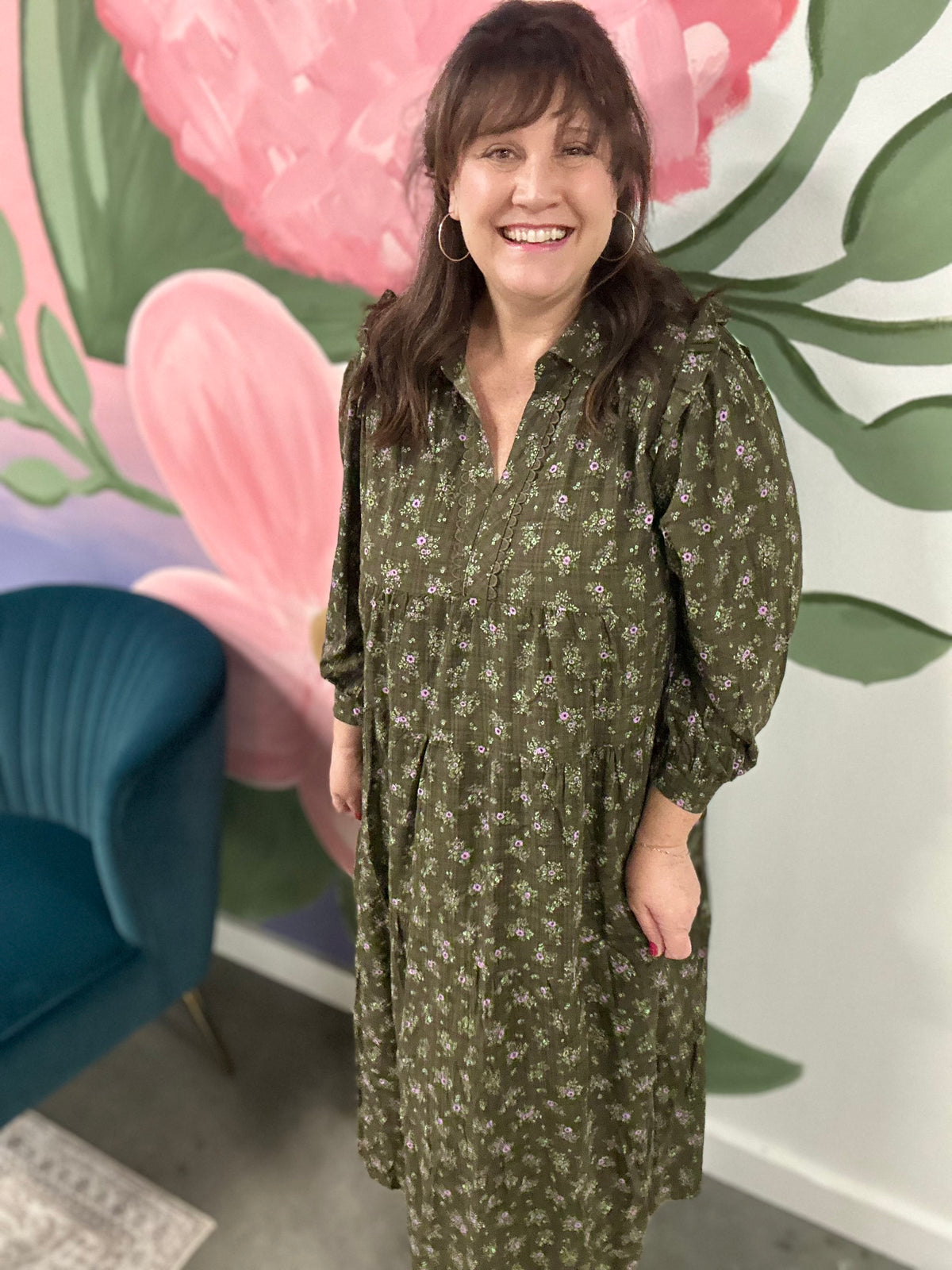 Olive Floral Print Tiered Midi Dress with Puff Sleeves