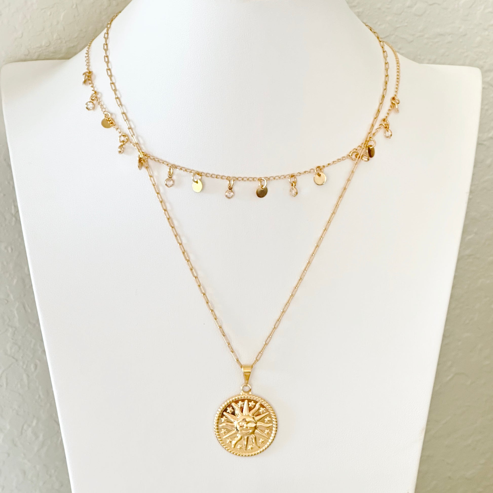 Gold filled sun medallion necklace