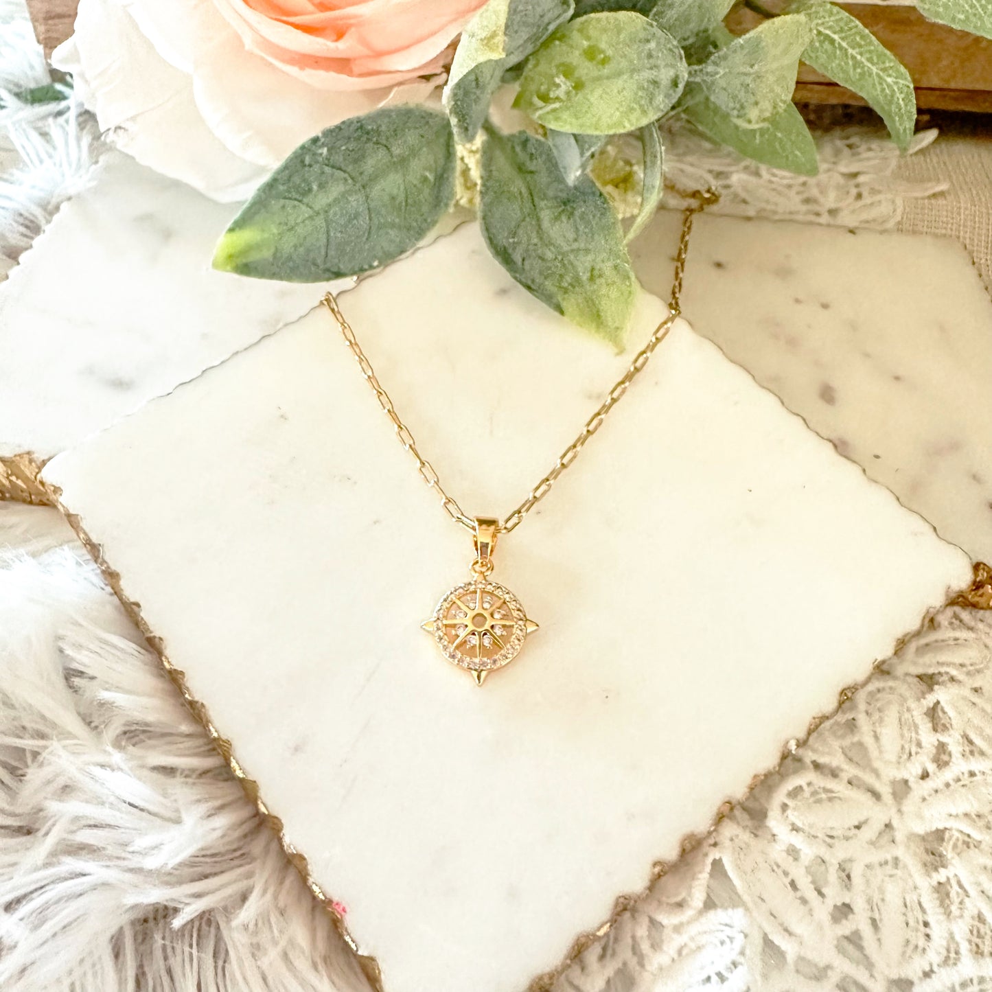 Gold filled compass pendant necklace