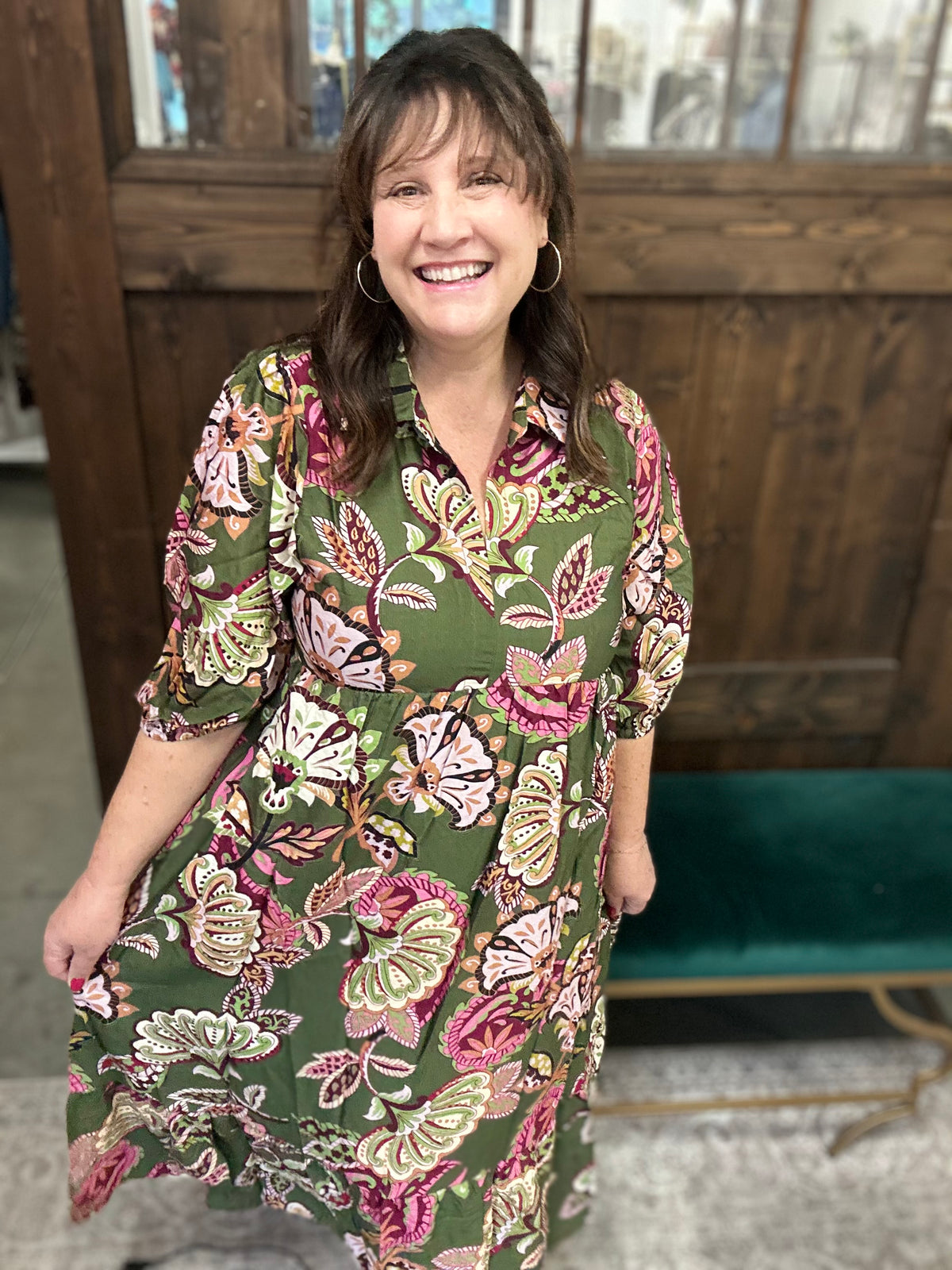 UmGee Olive Bohemian Floral Dress