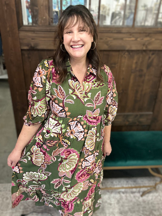 UmGee Olive Bohemian Floral Dress