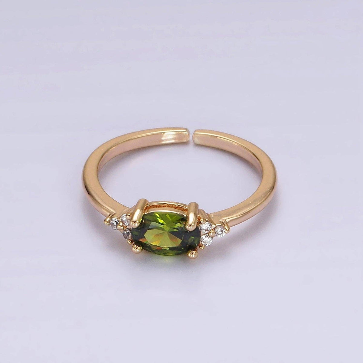 14K Gold Filled Oval Triple CZ Solitaire Birthstone Ring in Gold & Silver | O1128 - O1155: Silver / Olive Green