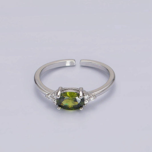 14K Gold Filled Oval Triple CZ Solitaire Birthstone Ring in Gold & Silver | O1128 - O1155: Silver / Olive Green