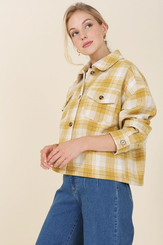 Yellow plaid shacket with pockets