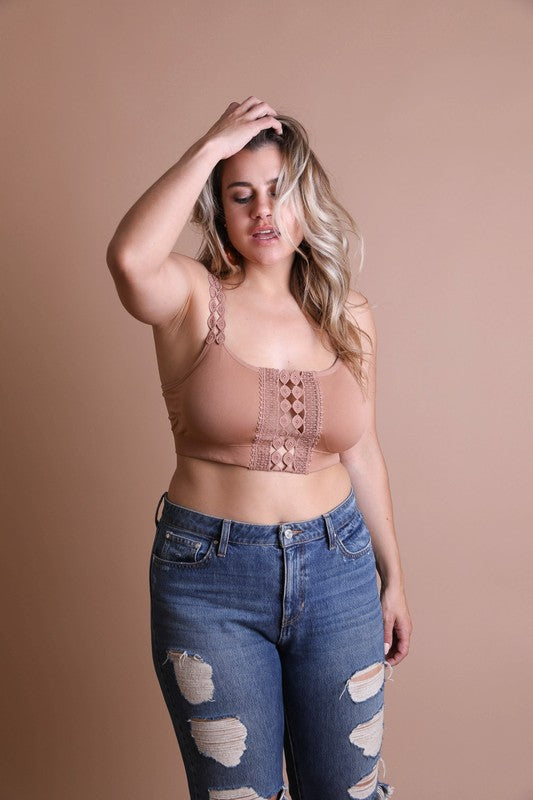 Plus size mocha boho eye lace appliqué bralette