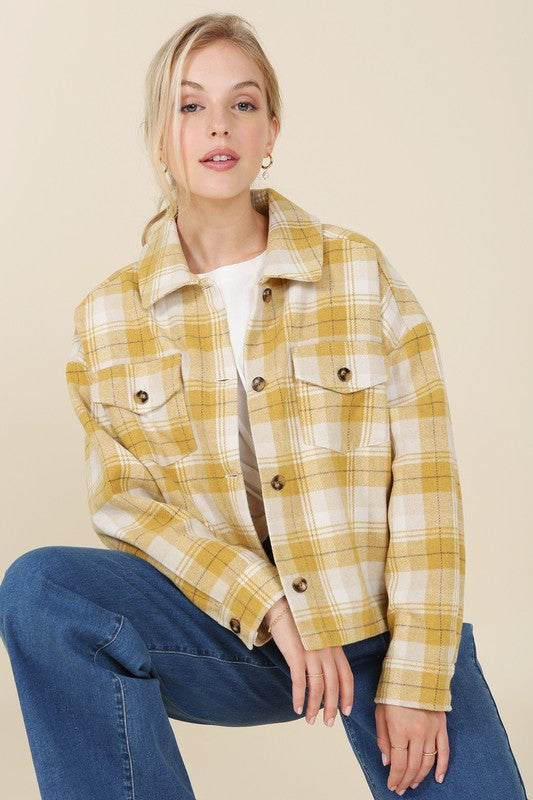 Yellow plaid shacket with pockets