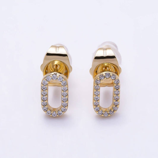 14K Gold Filled 9mm Micro Paved CZ Oval Link Stud Earrings | Earrings-00703