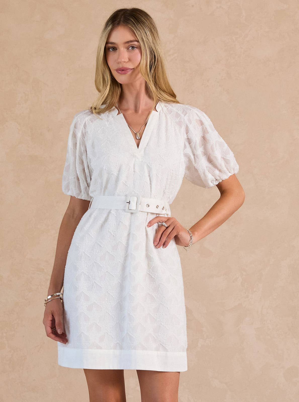 Textured Star Pattern Belted Mini Dress: Navy Blue / M