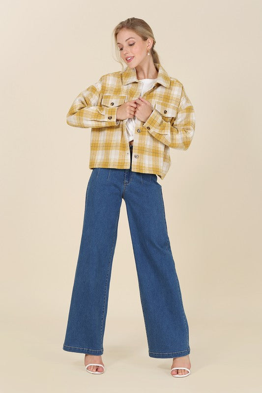 Yellow plaid shacket with pockets