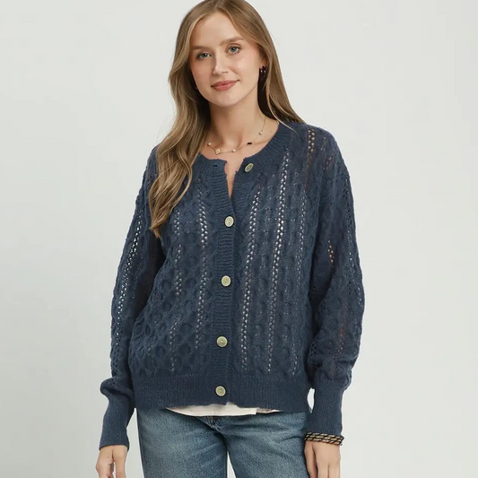 Denim Pointelle Cable Knit Cardigan