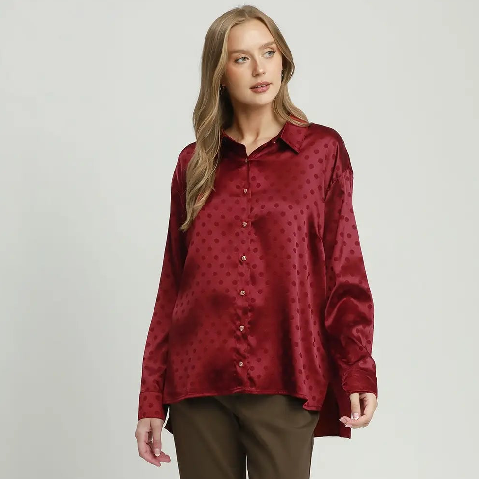 Crimson Satin Polka Dot Blouse