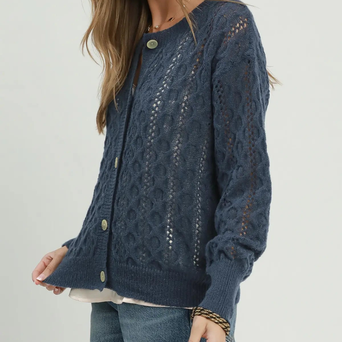 Denim Pointelle Cable Knit Cardigan