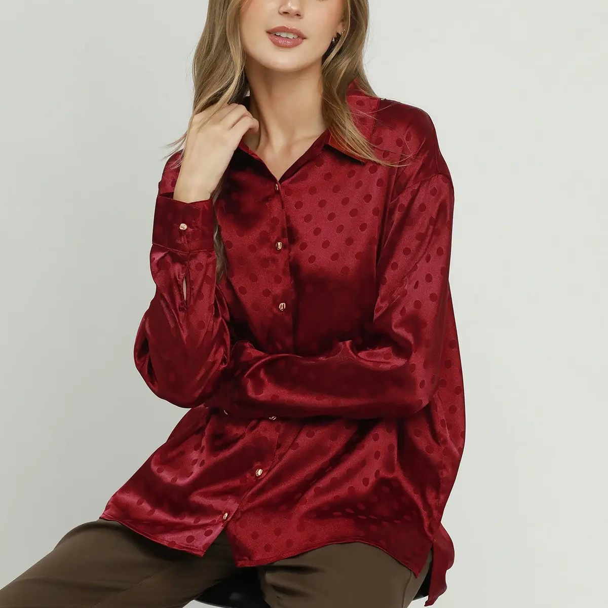 Crimson Satin Polka Dot Blouse