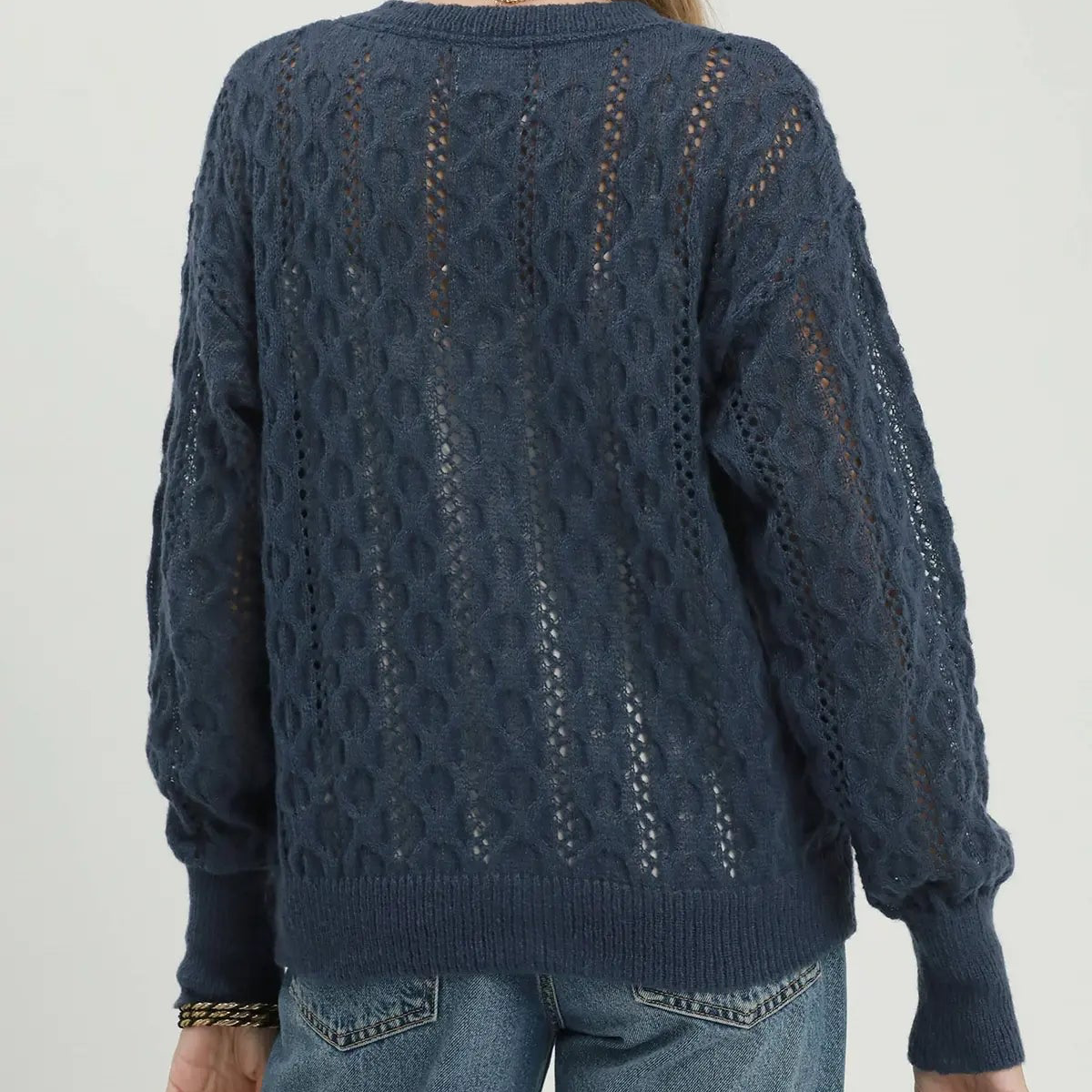 Denim Pointelle Cable Knit Cardigan